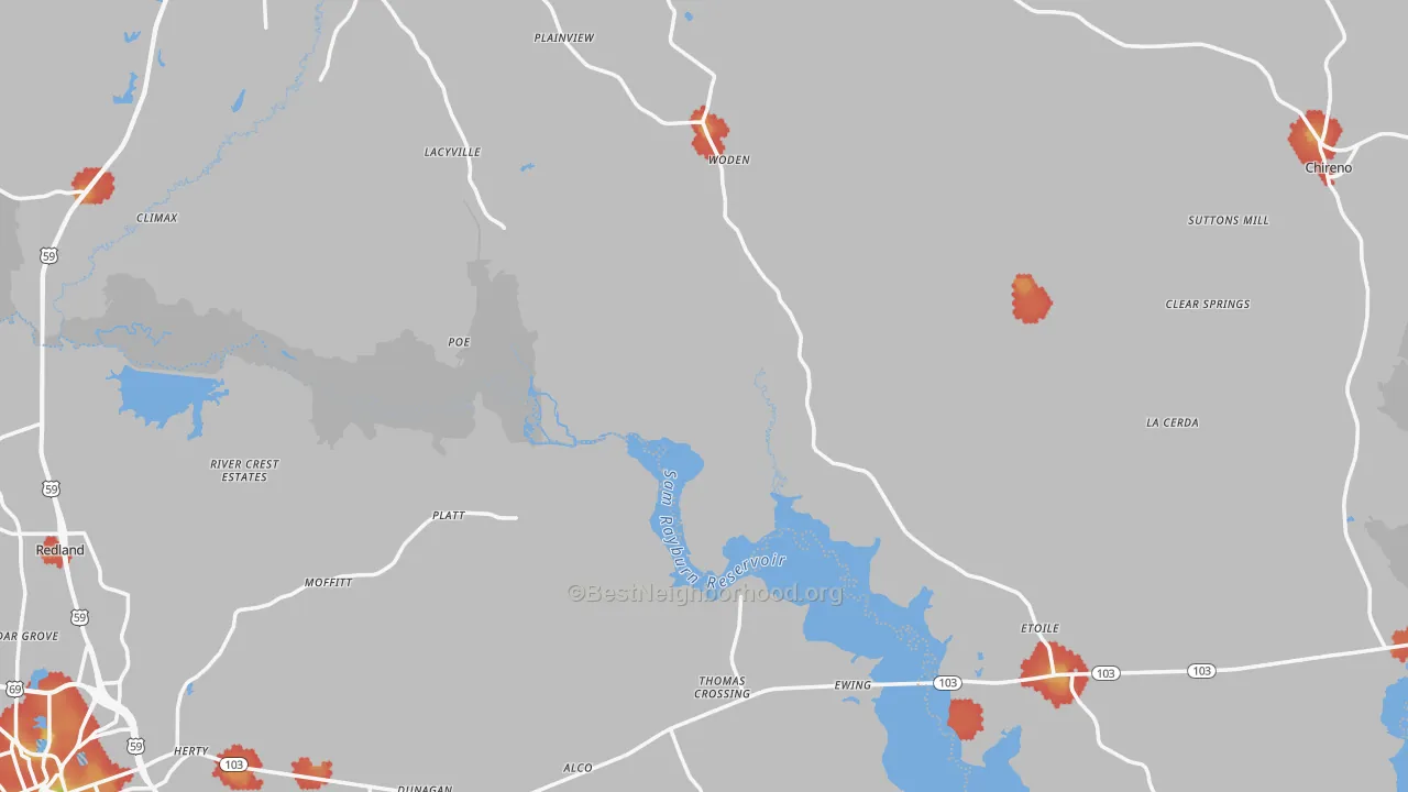Walk Grade map of Woden, TX, walkable areas in green and car-dependent areas in red