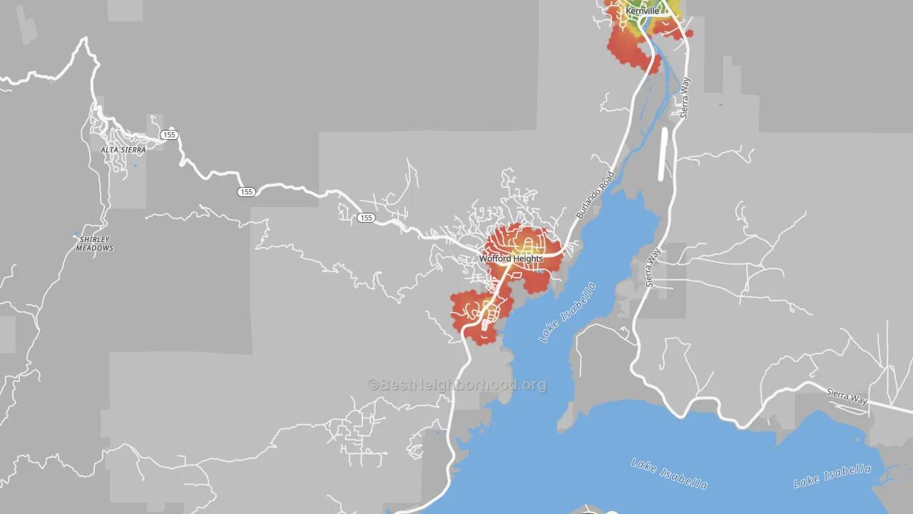 Walk Grade map of Wofford Heights, CA, walkable areas in green and car-dependent areas in red