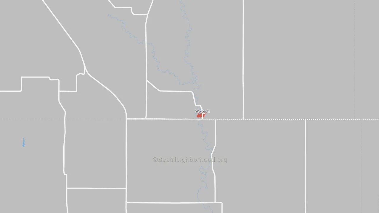 Walk Grade map of Wolbach, NE, walkable areas in green and car-dependent areas in red