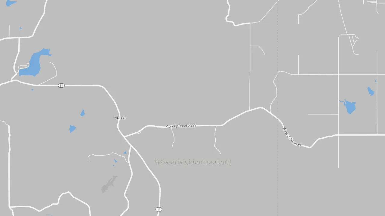 Walk Grade map of Wolco, OK, walkable areas in green and car-dependent areas in red