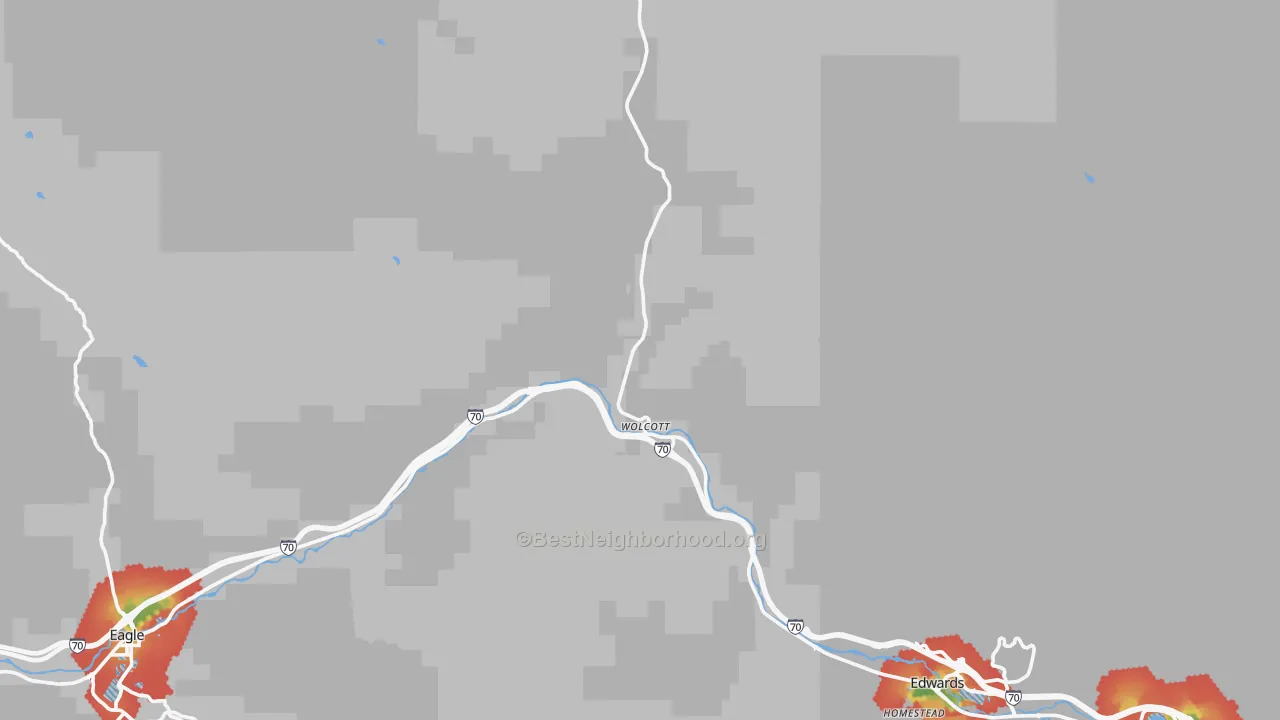 Walk Grade map of Wolcott, CO, walkable areas in green and car-dependent areas in red