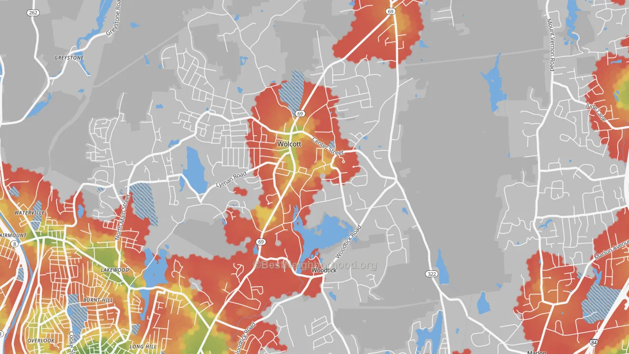 Walk Grade map of Wolcott, CT, walkable areas in green and car-dependent areas in red
