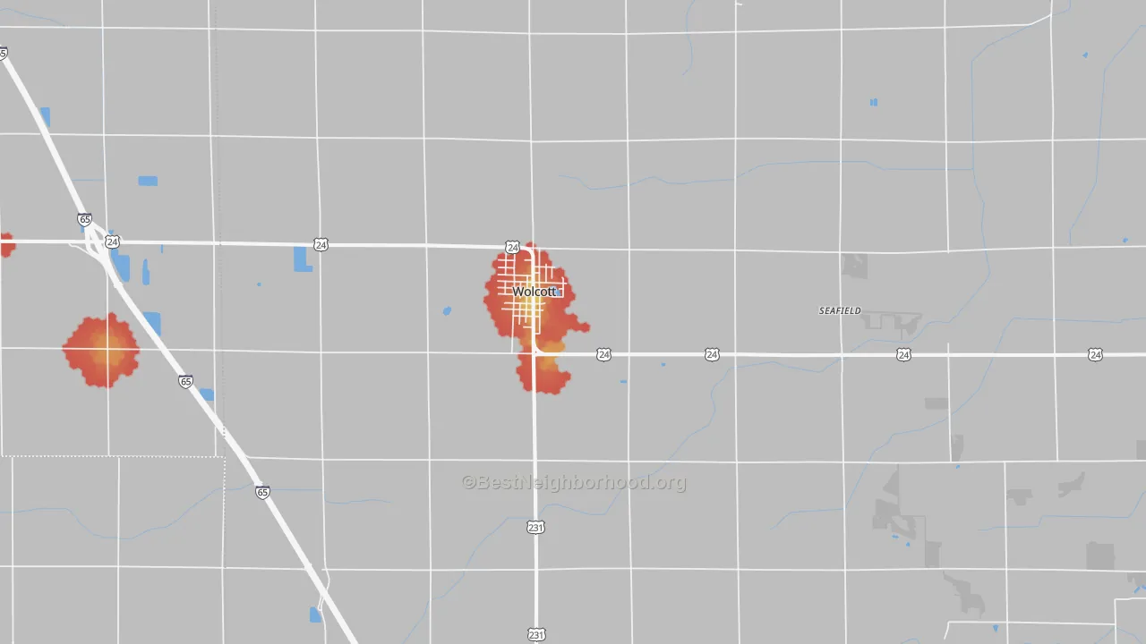 Walk Grade map of Wolcott, IN, walkable areas in green and car-dependent areas in red