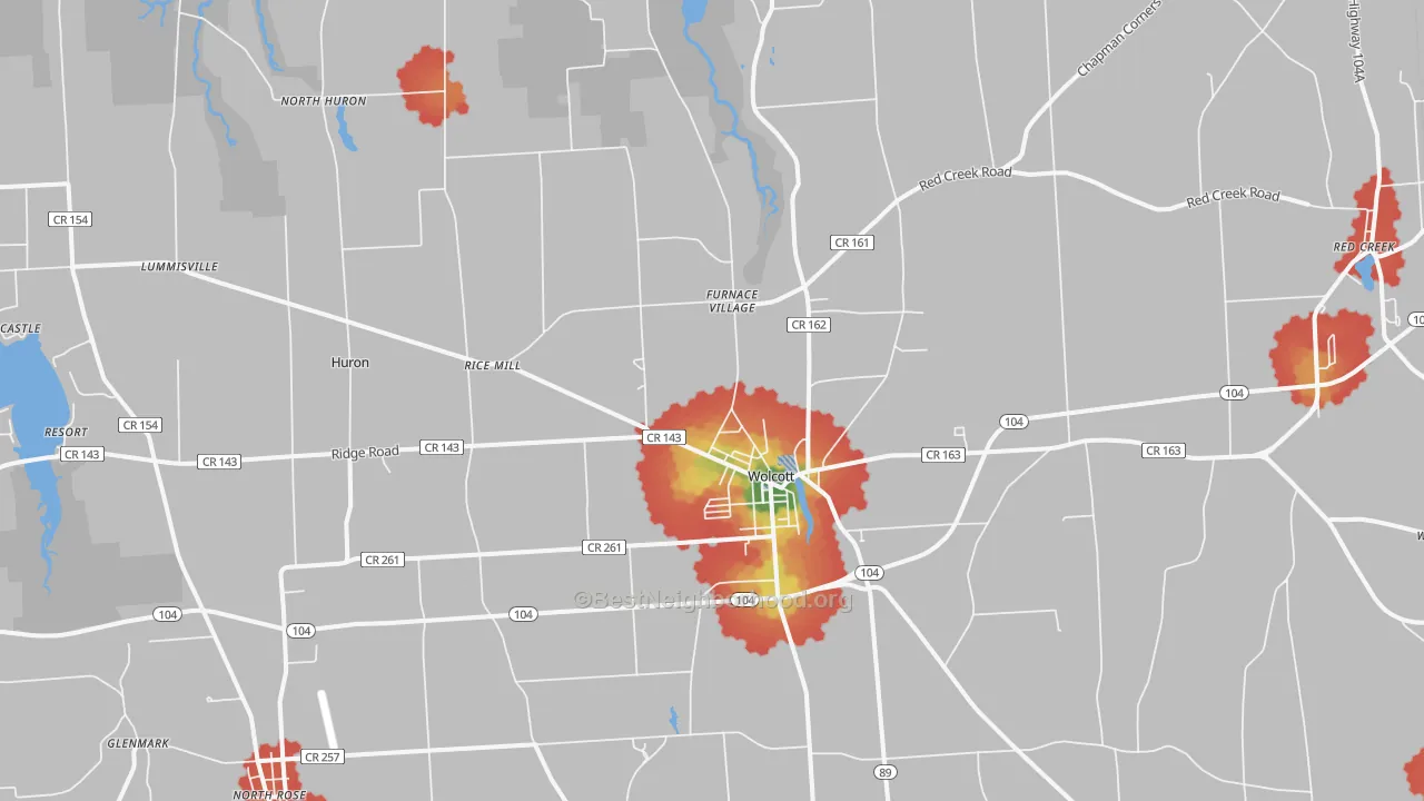 Walk Grade map of Wolcott, NY, walkable areas in green and car-dependent areas in red