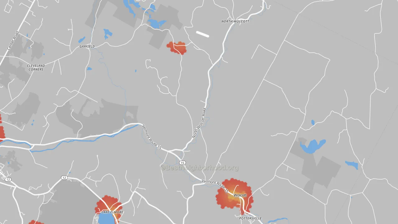 Walk Grade map of Wolcott, VT, walkable areas in green and car-dependent areas in red
