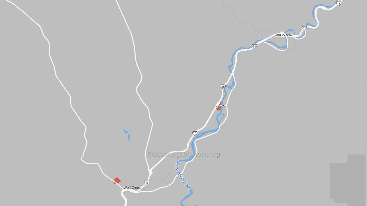 Walk Grade map of Wolf Creek, MT, walkable areas in green and car-dependent areas in red