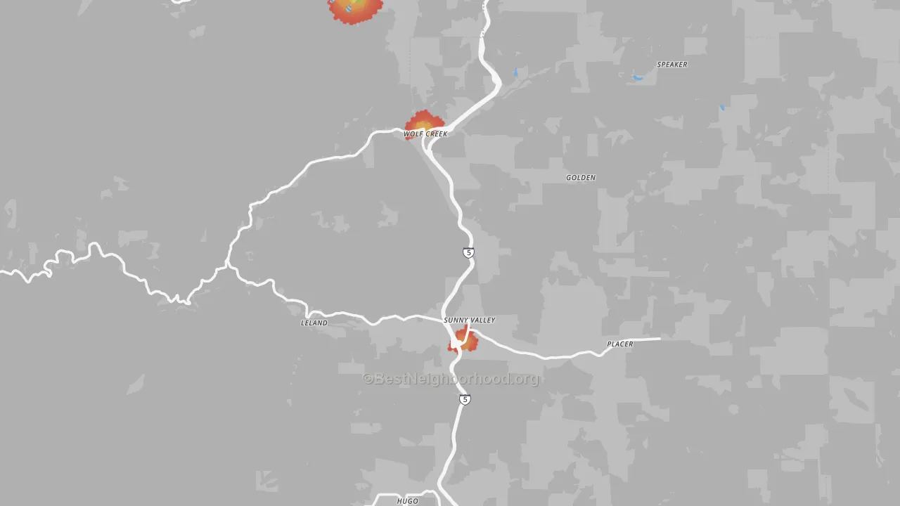 Walk Grade map of Wolf Creek, OR, walkable areas in green and car-dependent areas in red
