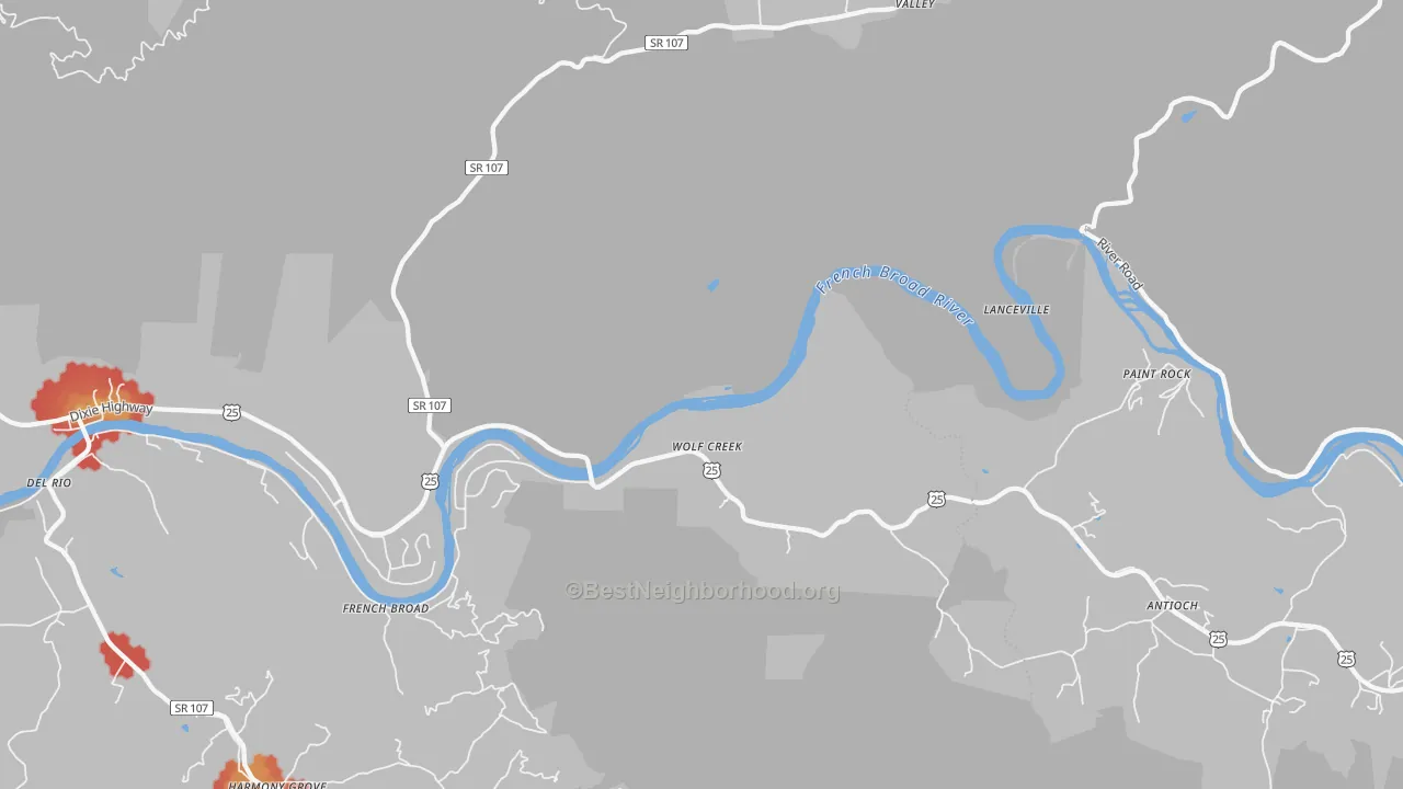 Walk Grade map of Wolf Creek, TN, walkable areas in green and car-dependent areas in red