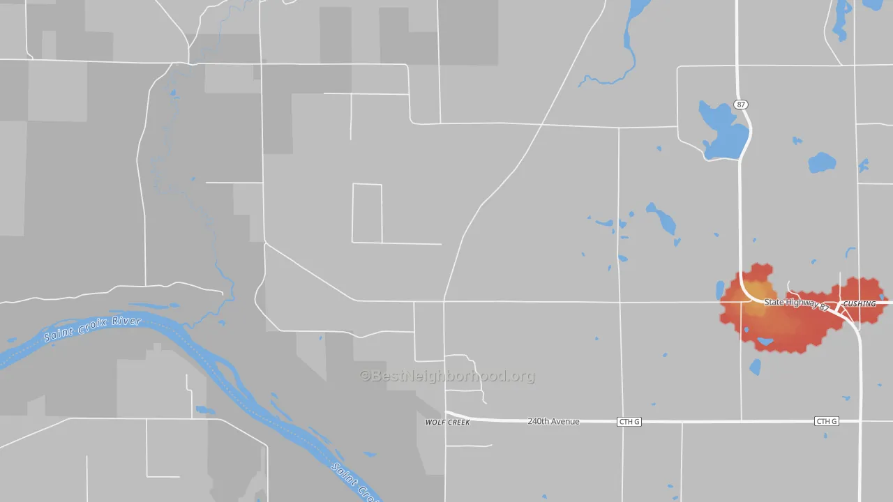 Walk Grade map of Wolf Creek, WI, walkable areas in green and car-dependent areas in red