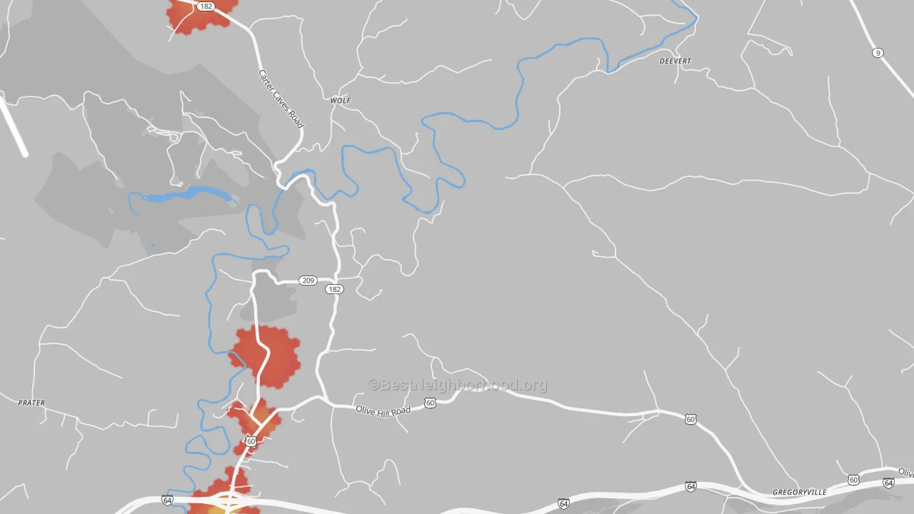 Walk Grade map of Wolf, KY, walkable areas in green and car-dependent areas in red