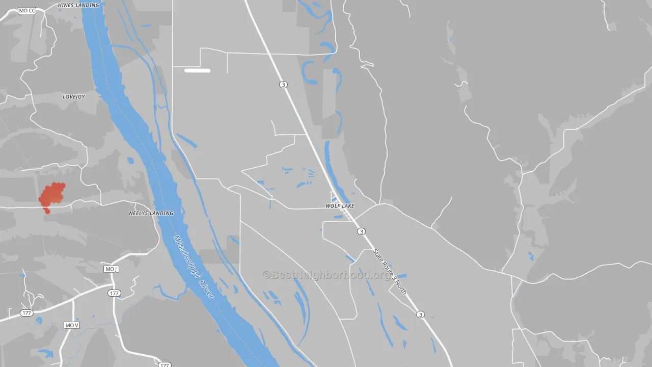 Walk Grade map of Wolf Lake, IL, walkable areas in green and car-dependent areas in red
