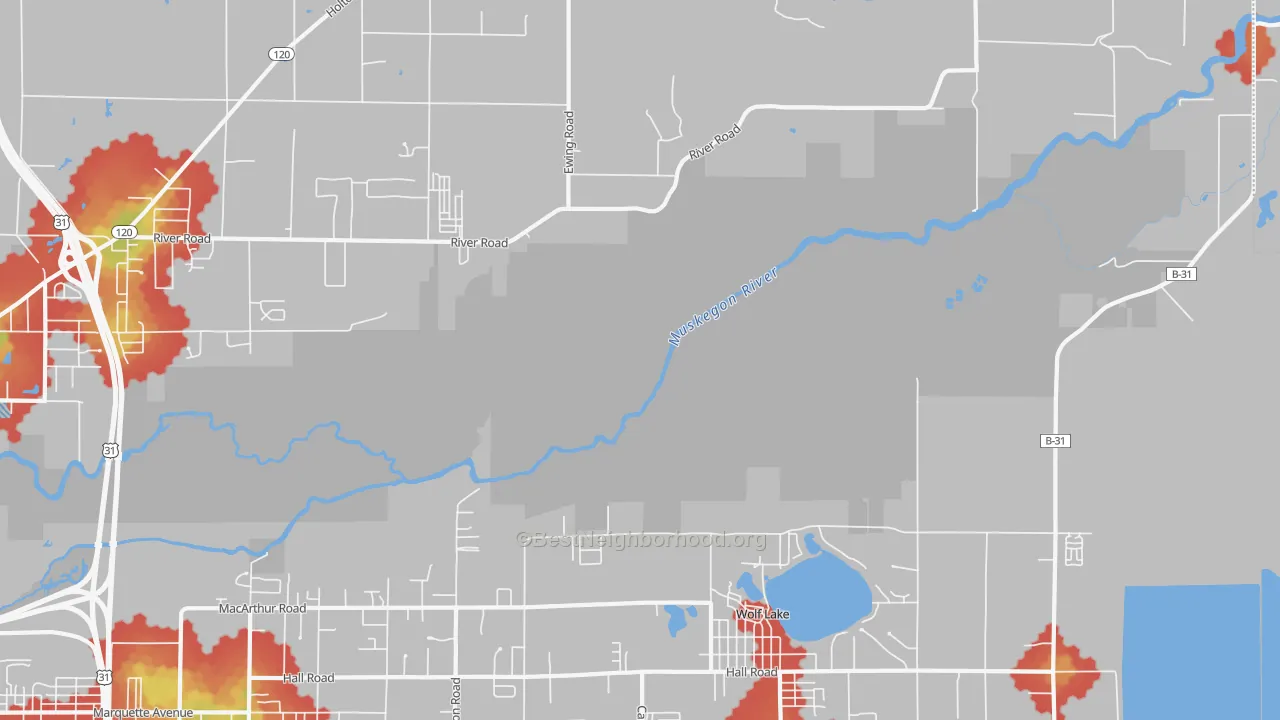 Walk Grade map of Wolf Lake, MI, walkable areas in green and car-dependent areas in red