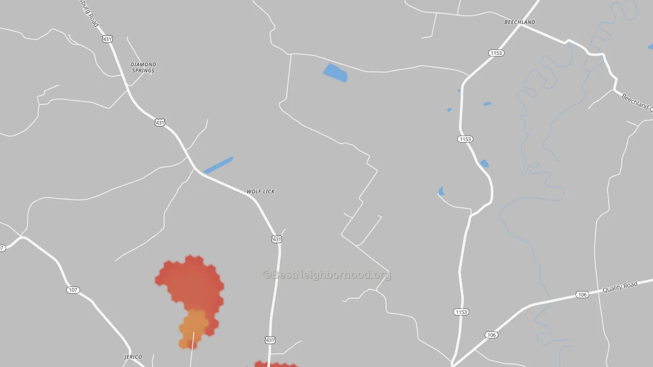 Walk Grade map of Wolf Lick, KY, walkable areas in green and car-dependent areas in red