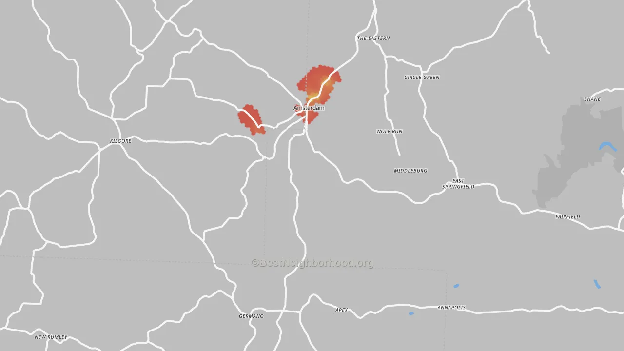 Walk Grade map of Wolf Run, OH, walkable areas in green and car-dependent areas in red