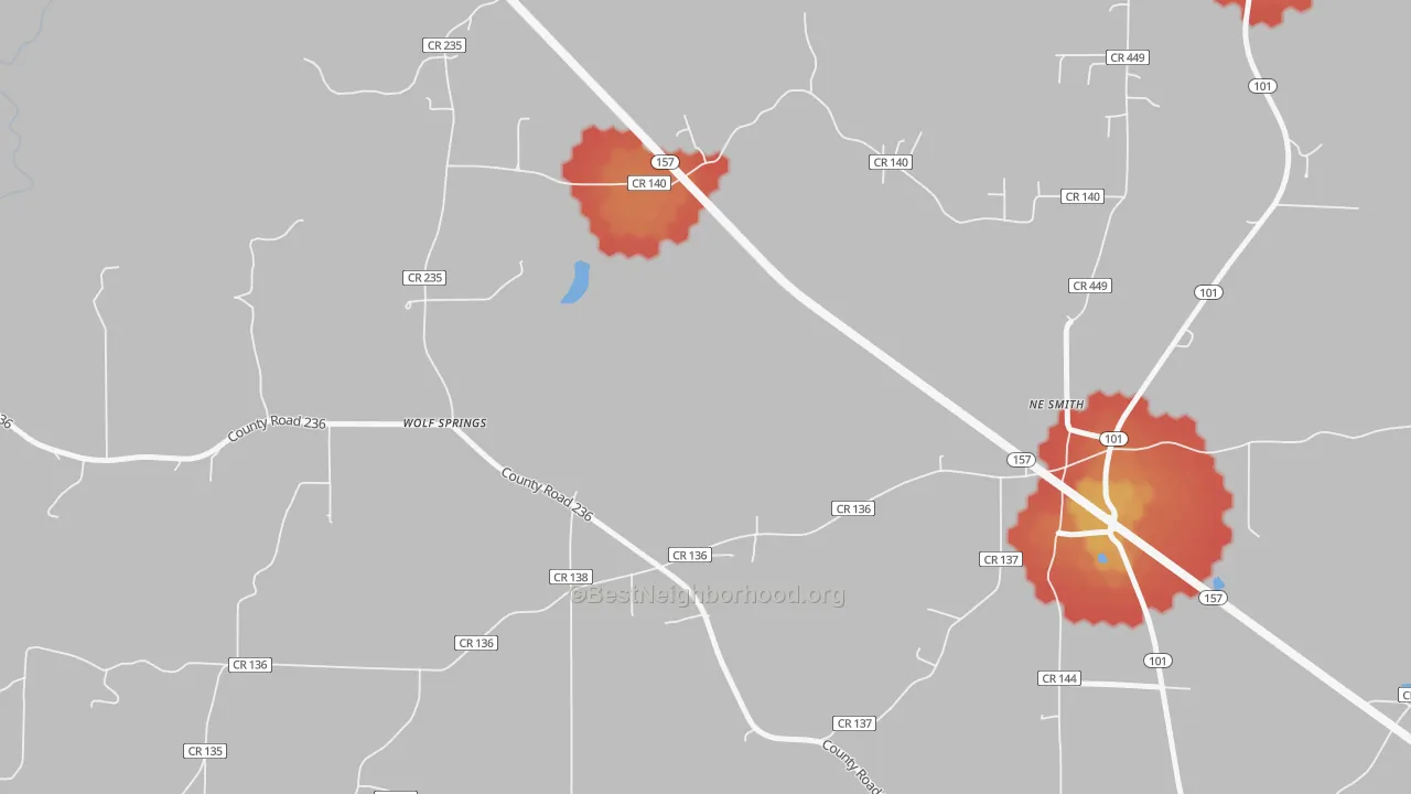 Walk Grade map of Wolf Springs, AL, walkable areas in green and car-dependent areas in red