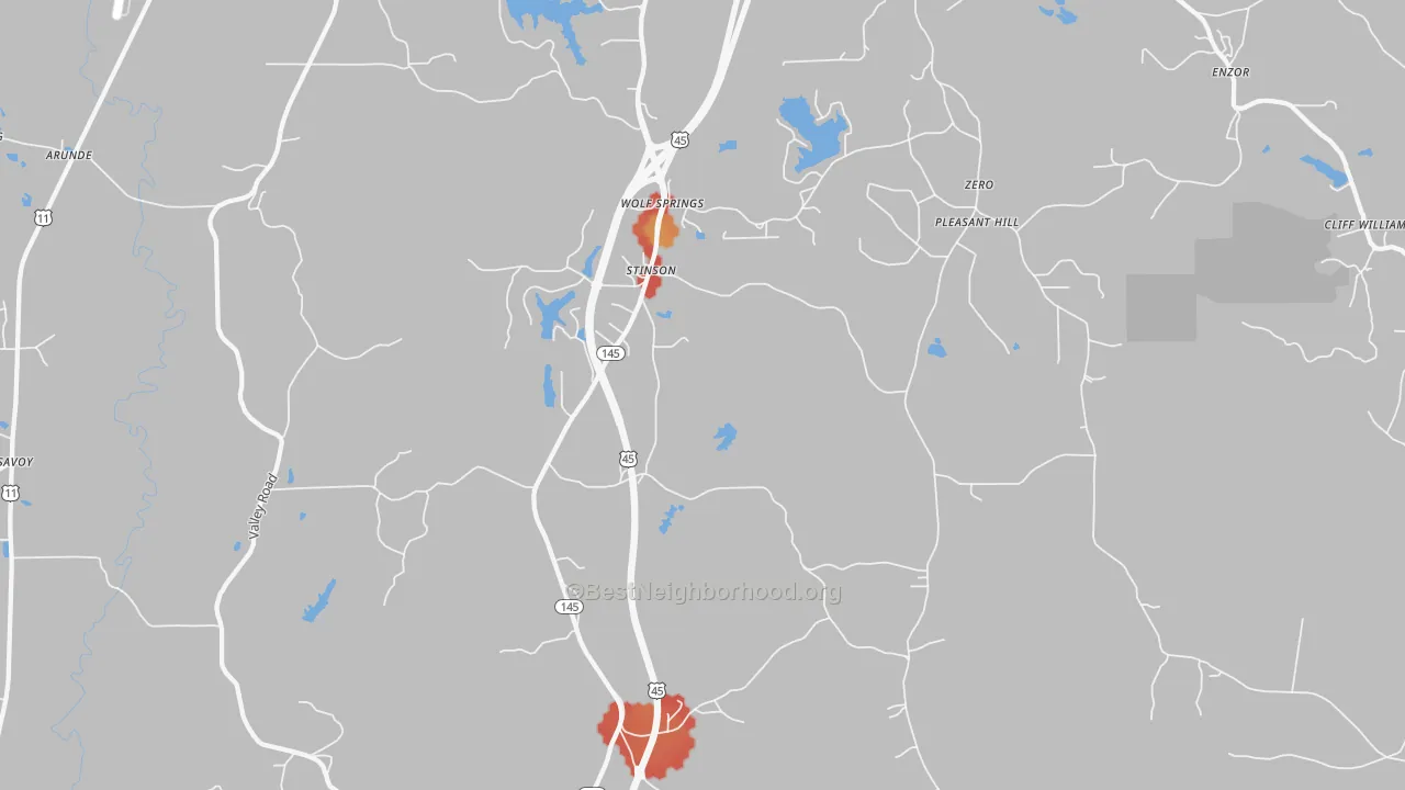 Walk Grade map of Wolf Springs, MS, walkable areas in green and car-dependent areas in red