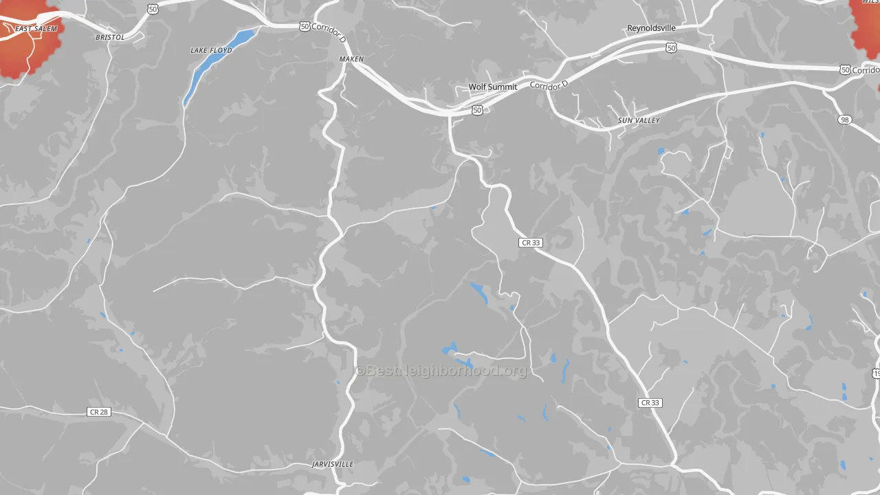 Walk Grade map of Wolf Summit, WV, walkable areas in green and car-dependent areas in red
