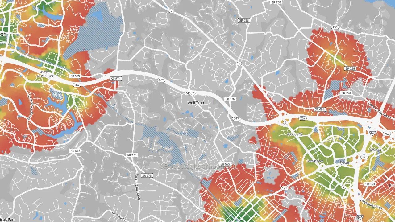 Walk Grade map of Wolf Trap, VA, walkable areas in green and car-dependent areas in red