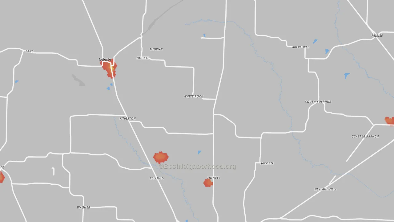 Walk Grade map of Wolfe City, TX, walkable areas in green and car-dependent areas in red