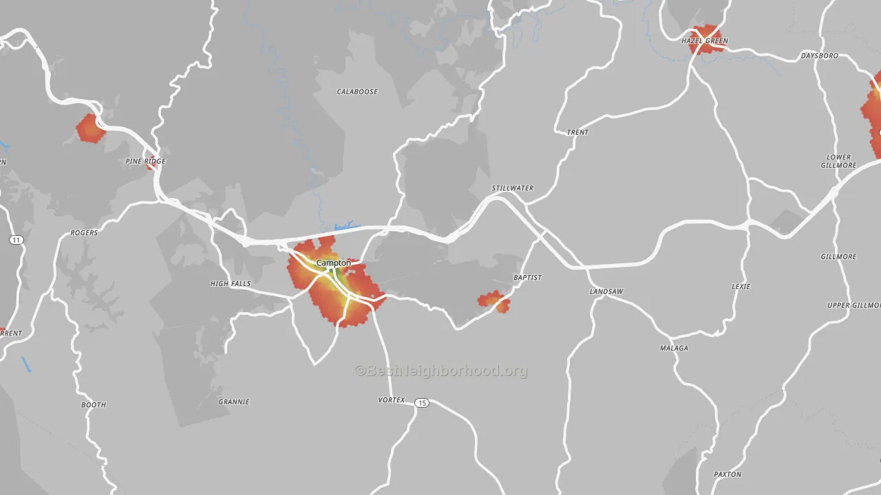 Walk Grade map of Wolfe County, KY, walkable areas in green and car-dependent areas in red