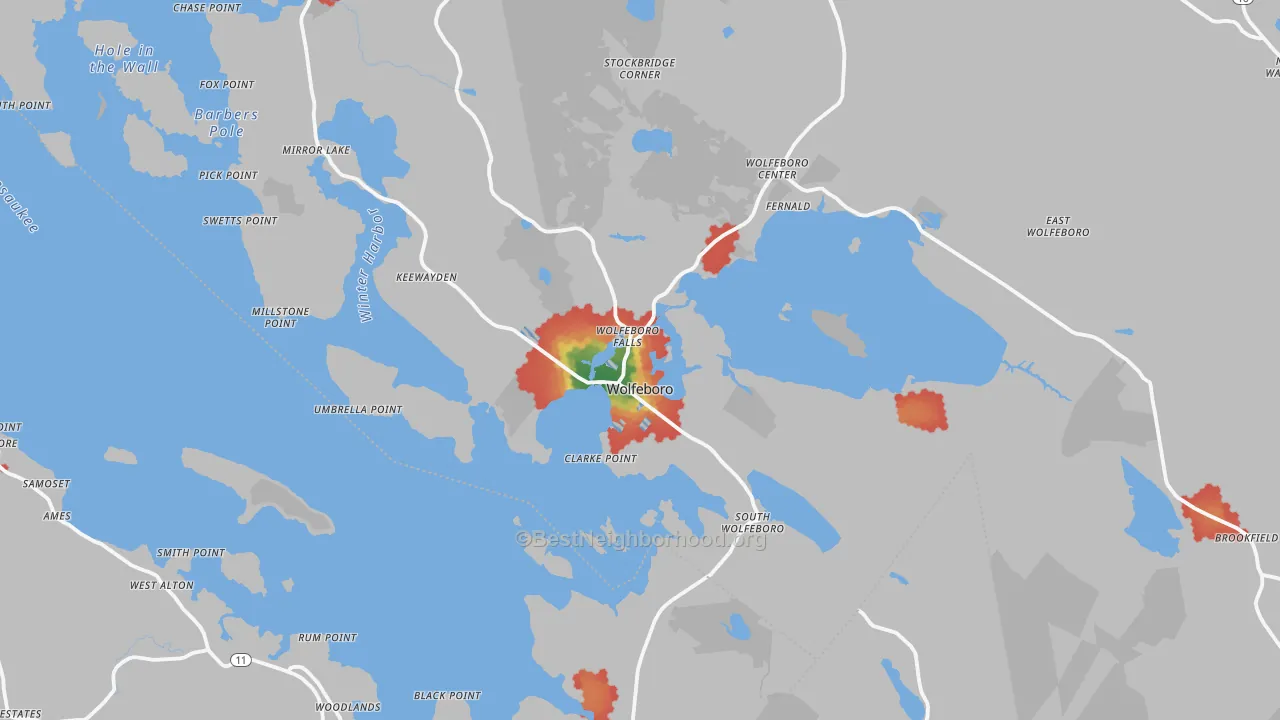 Walk Grade map of Wolfeboro Falls, NH, walkable areas in green and car-dependent areas in red