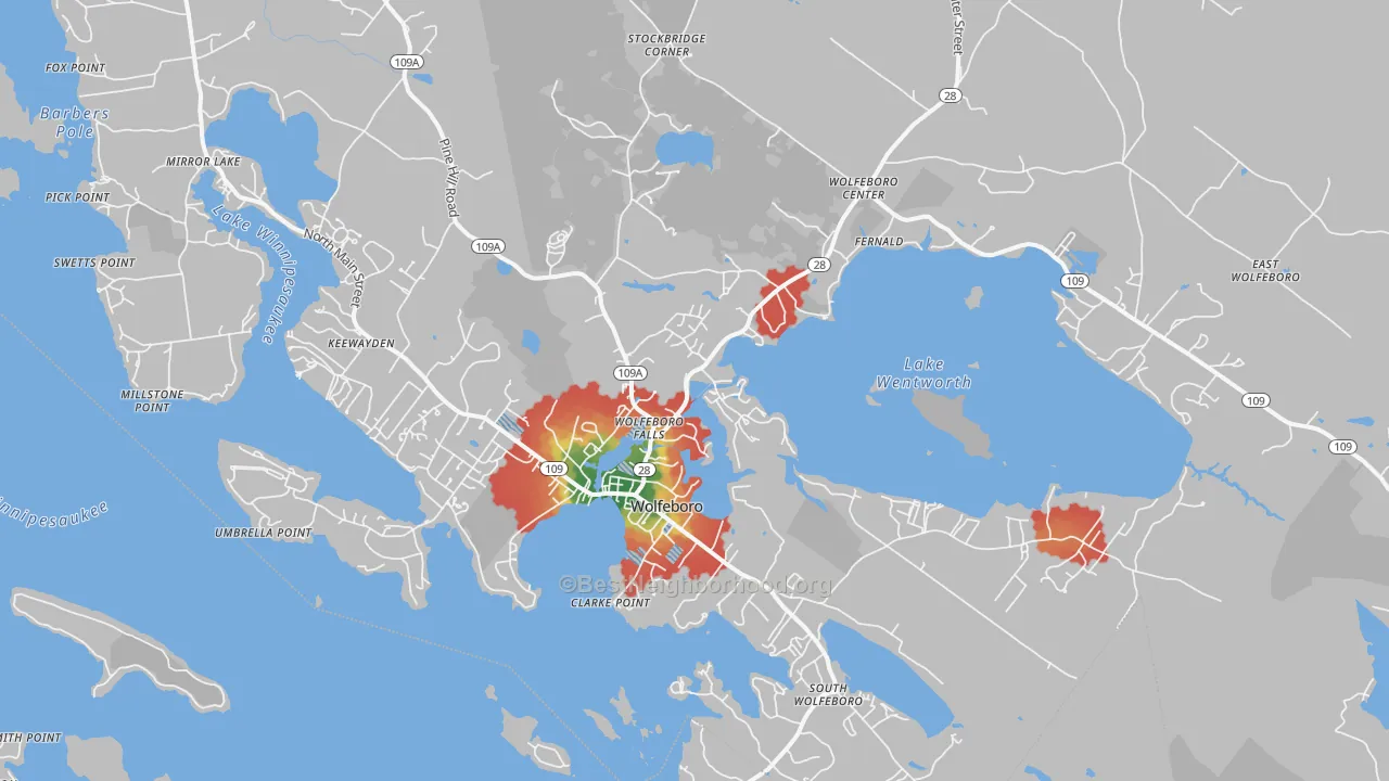 Walk Grade map of Wolfeboro, NH, walkable areas in green and car-dependent areas in red