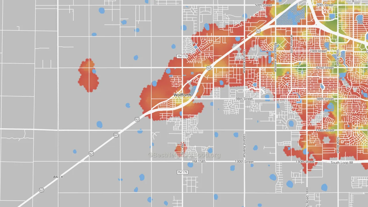 Walk Grade map of Wolfforth, TX, walkable areas in green and car-dependent areas in red