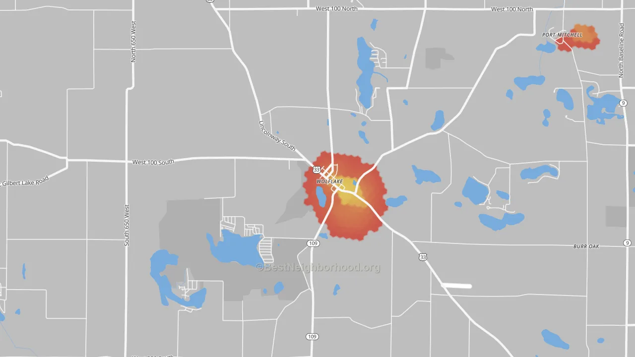 Walk Grade map of Wolflake, IN, walkable areas in green and car-dependent areas in red