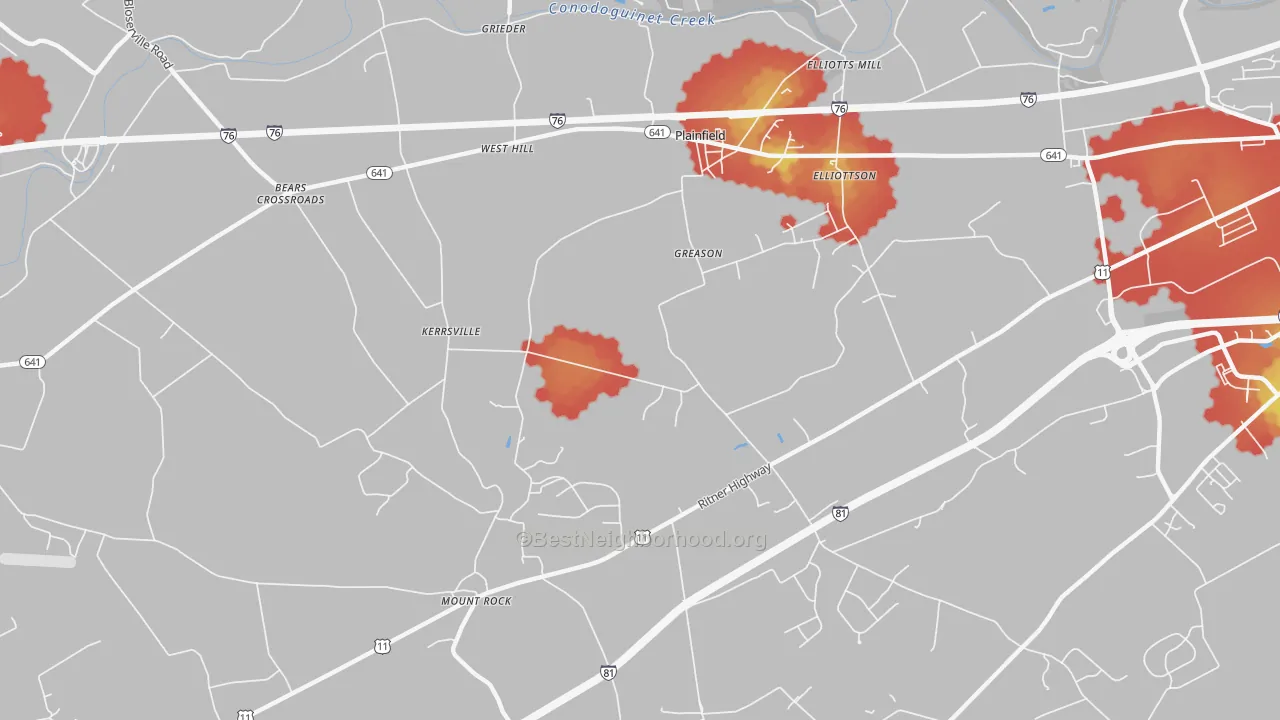 Walk Grade map of Wolfs Crossroads, PA, walkable areas in green and car-dependent areas in red