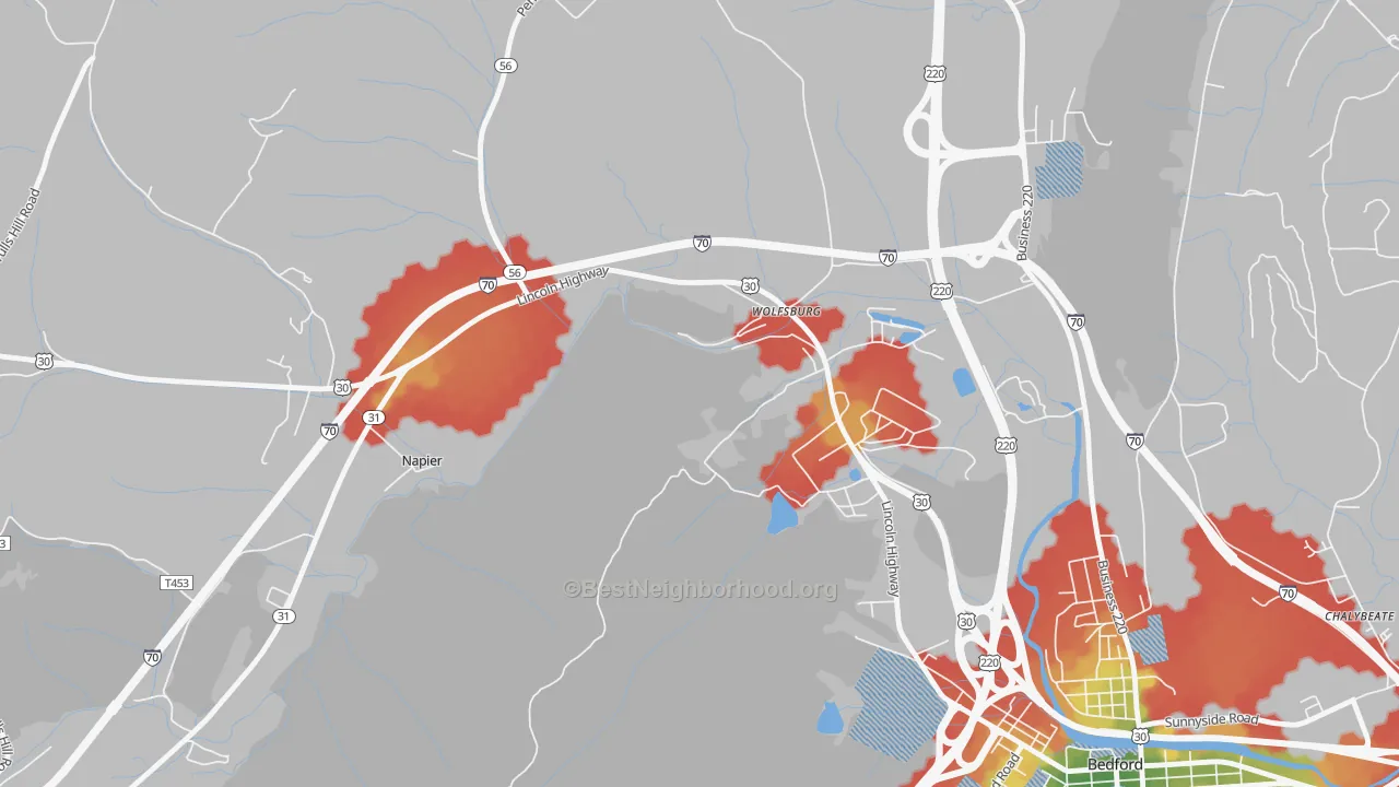 Walk Grade map of Wolfsburg, PA, walkable areas in green and car-dependent areas in red