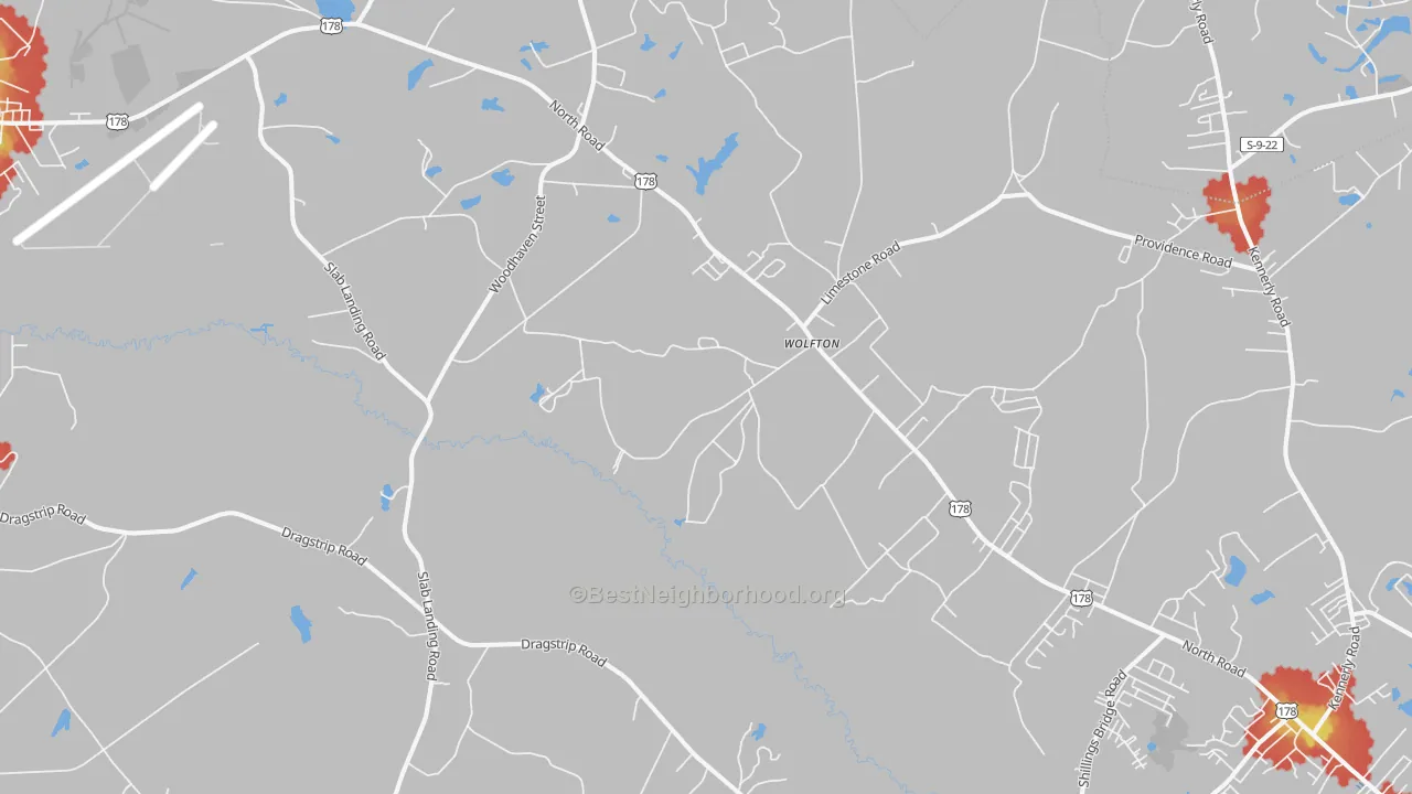 Walk Grade map of Wolfton, SC, walkable areas in green and car-dependent areas in red