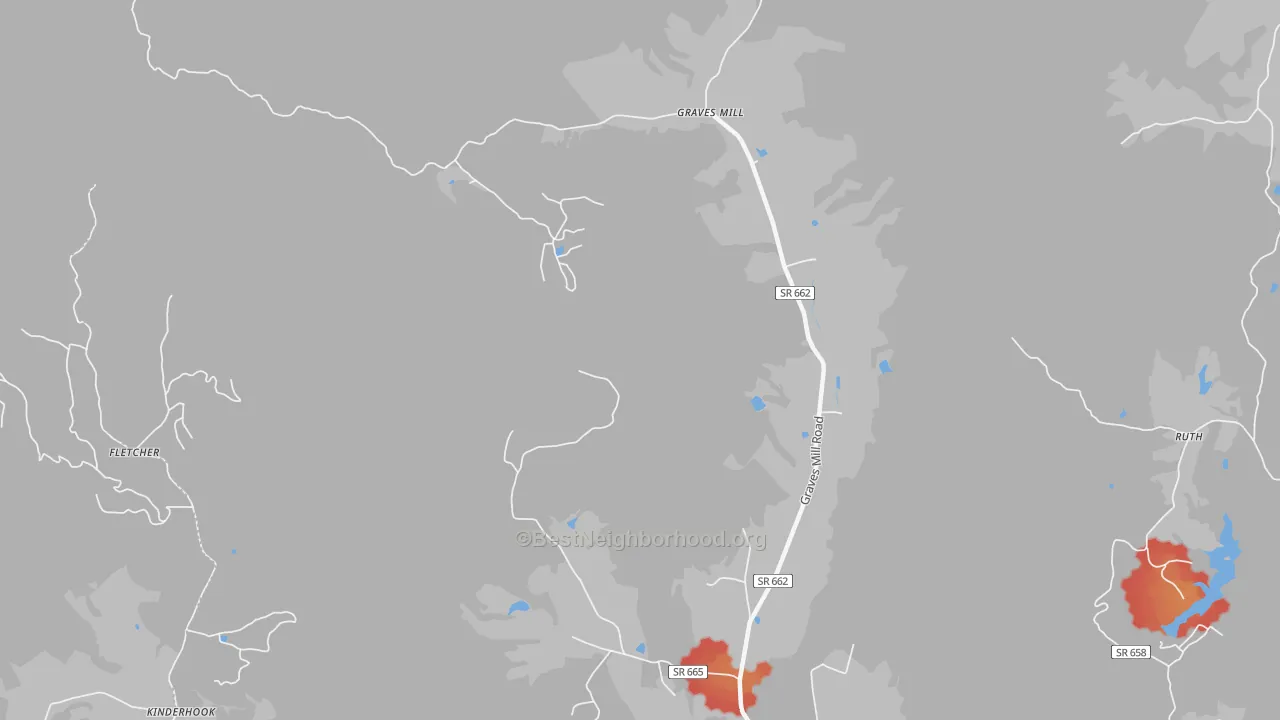Walk Grade map of Wolftown, VA, walkable areas in green and car-dependent areas in red