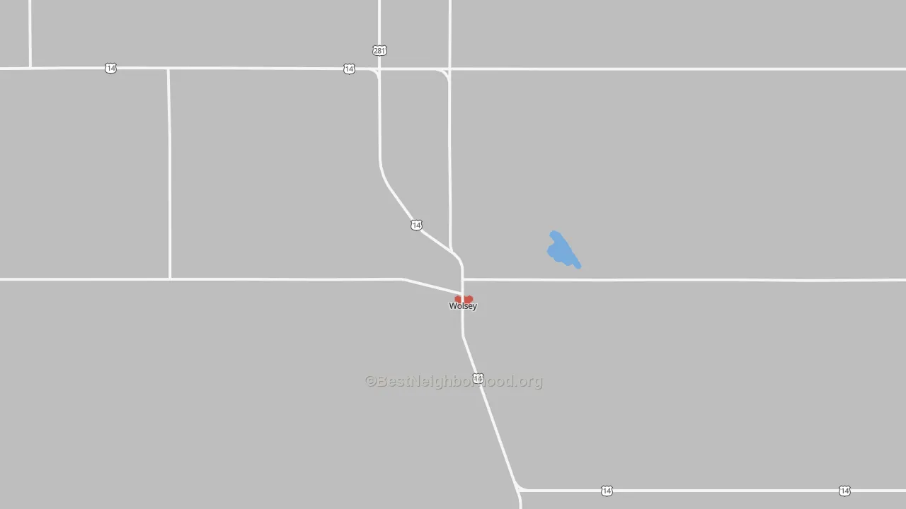 Walk Grade map of Wolsey, SD, walkable areas in green and car-dependent areas in red