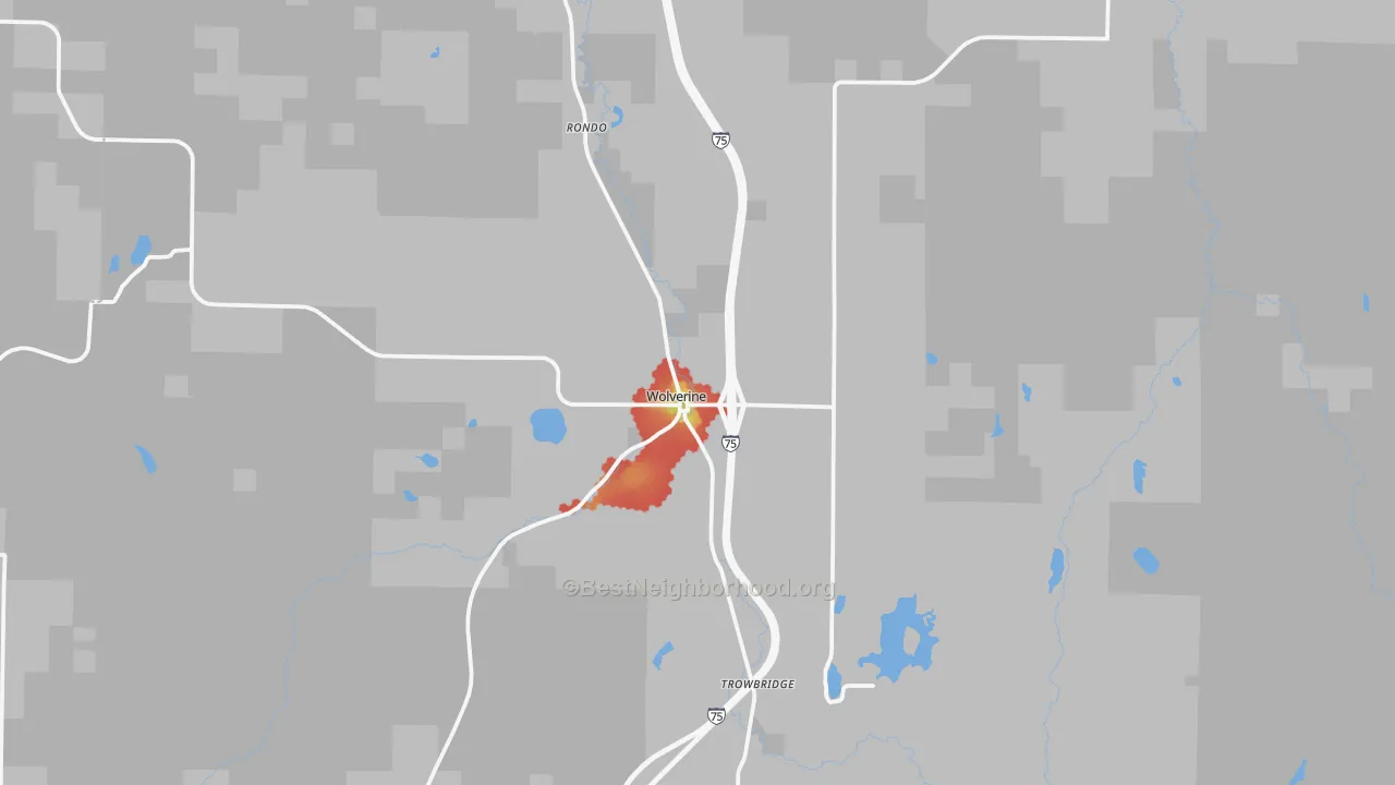 Walk Grade map of Wolverine, MI, walkable areas in green and car-dependent areas in red