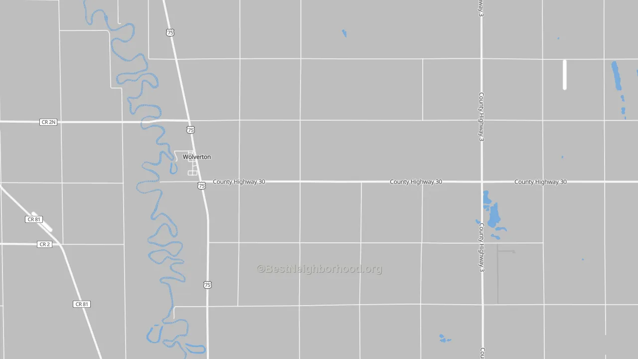 Walk Grade map of Wolverton, MN, walkable areas in green and car-dependent areas in red