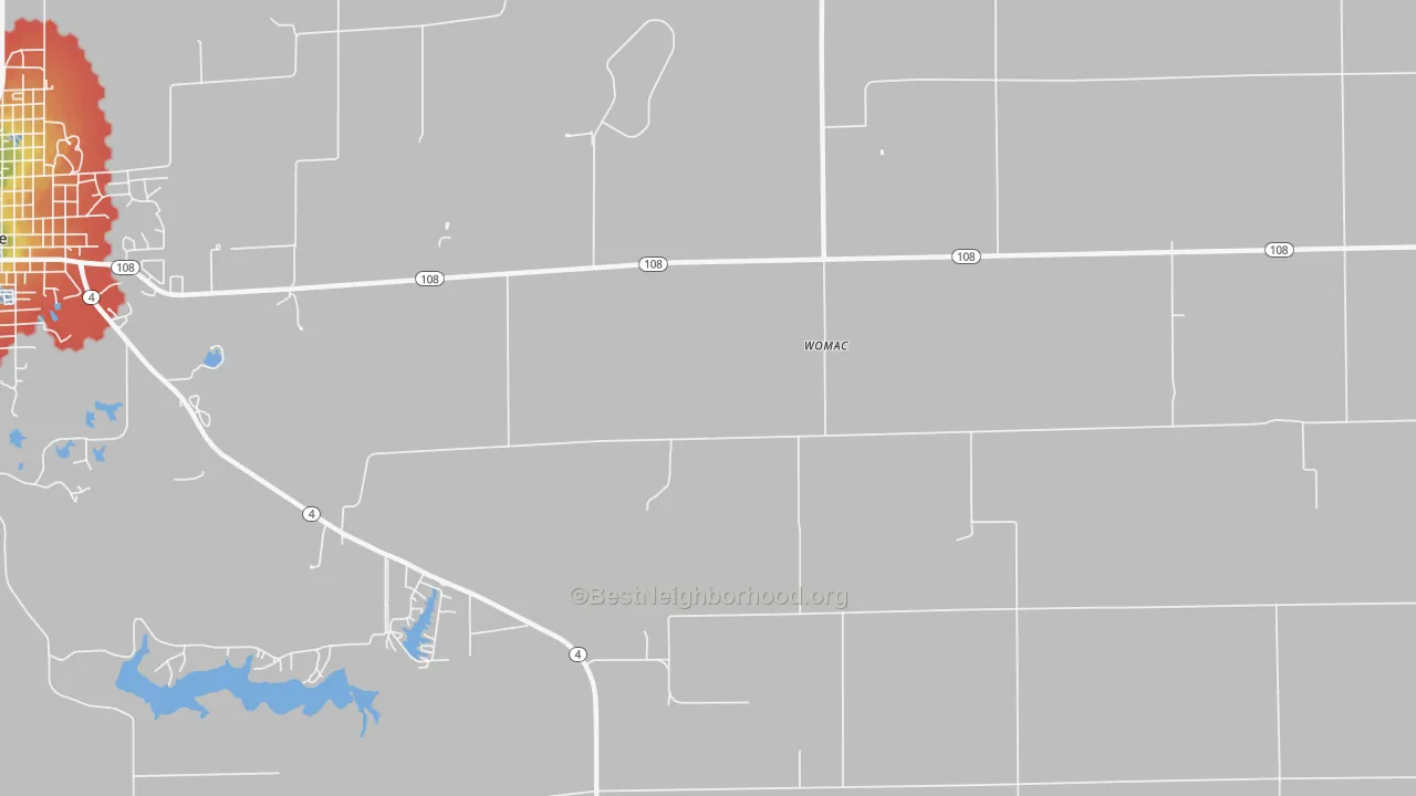Walk Grade map of Womac, IL, walkable areas in green and car-dependent areas in red