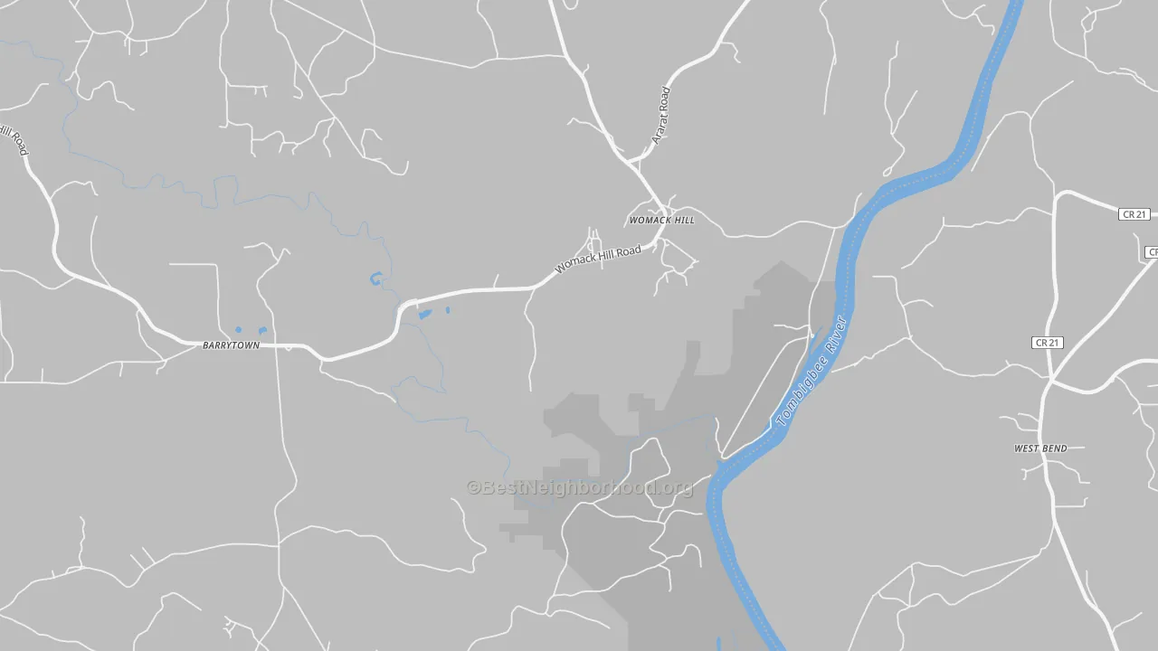 Walk Grade map of Womack Hill, AL, walkable areas in green and car-dependent areas in red