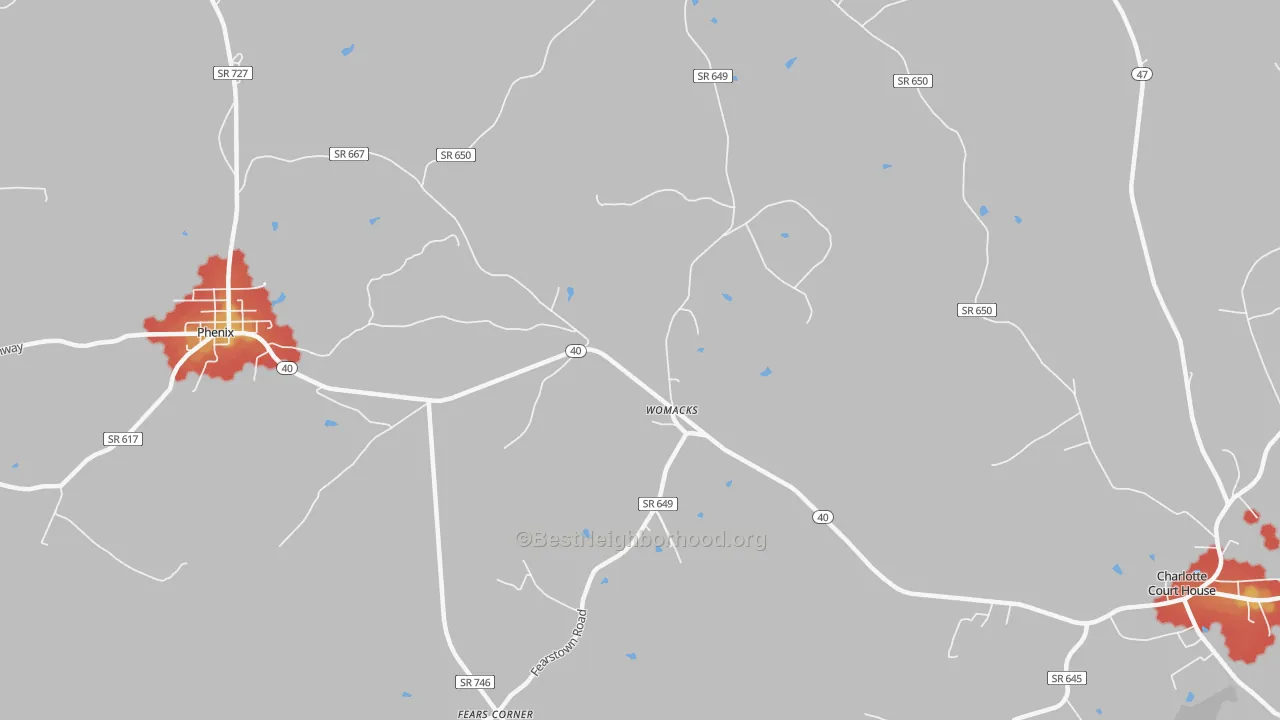 Walk Grade map of Womacks, VA, walkable areas in green and car-dependent areas in red