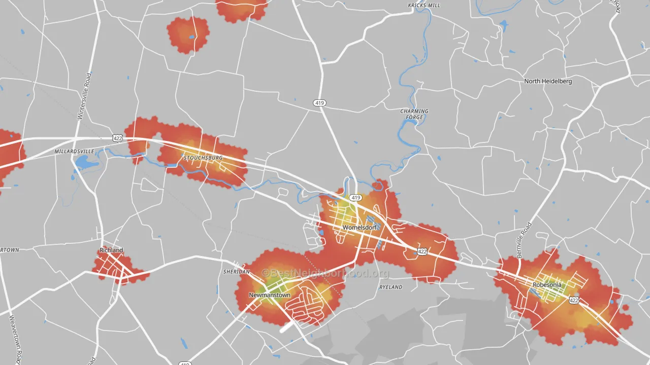 Walk Grade map of Womelsdorf, PA, walkable areas in green and car-dependent areas in red