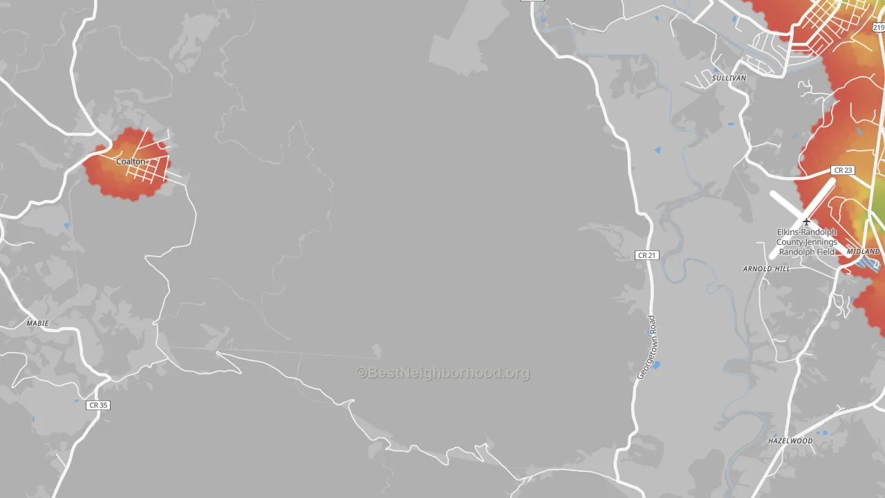 Walk Grade map of Womelsdorf, WV, walkable areas in green and car-dependent areas in red