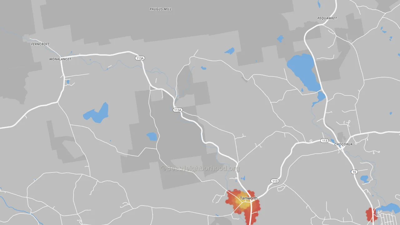 Walk Grade map of Wonalancet, NH, walkable areas in green and car-dependent areas in red