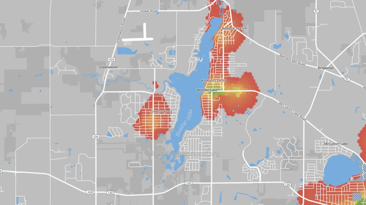 Walk Grade map of Wonder Lake, IL, walkable areas in green and car-dependent areas in red