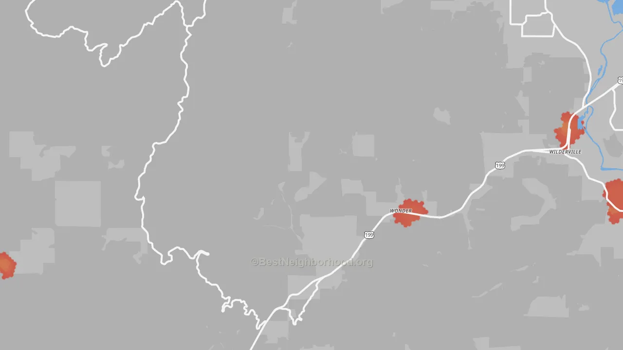Walk Grade map of Wonder, OR, walkable areas in green and car-dependent areas in red