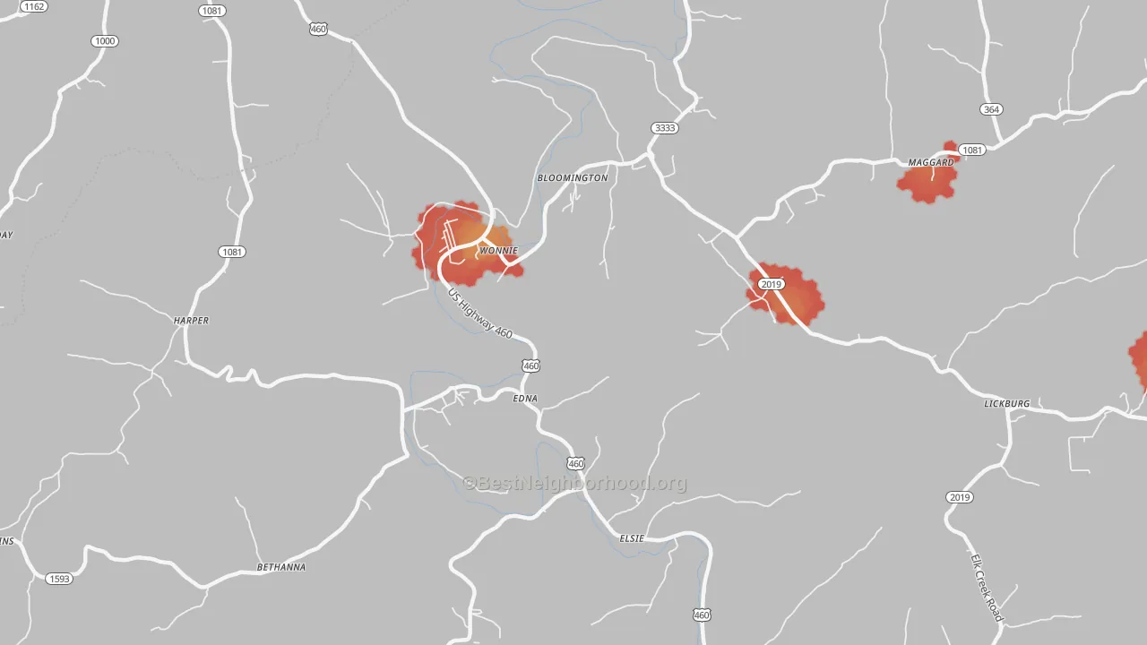 Walk Grade map of Wonnie, KY, walkable areas in green and car-dependent areas in red