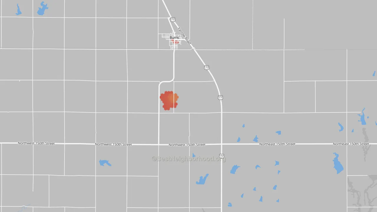 Walk Grade map of Wonsevu, KS, walkable areas in green and car-dependent areas in red