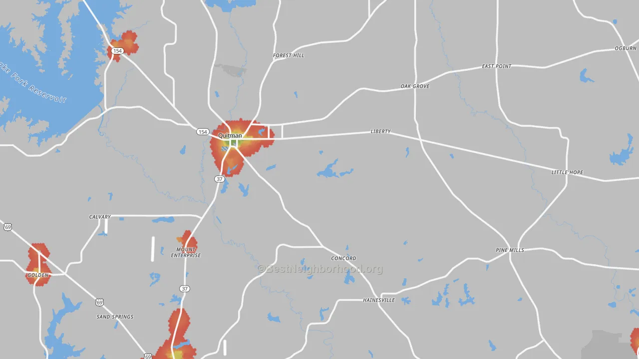 Walk Grade map of Wood County, TX, walkable areas in green and car-dependent areas in red