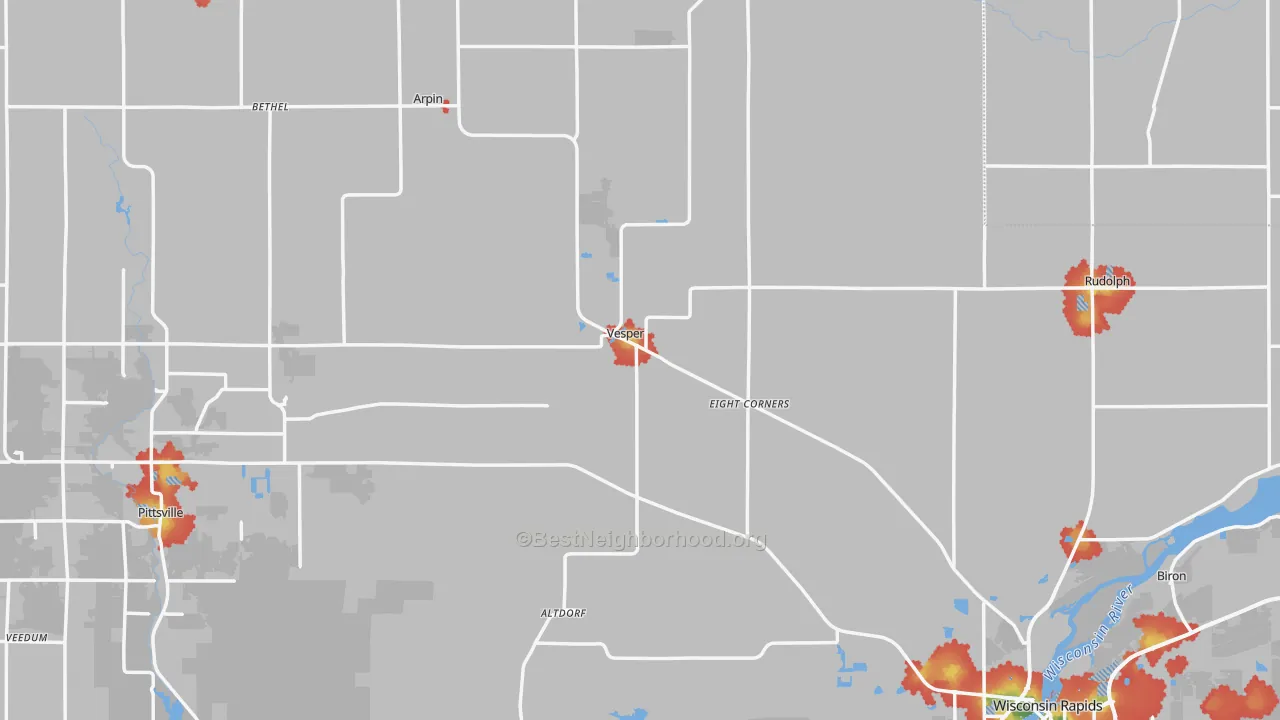 Walk Grade map of Wood County, WI, walkable areas in green and car-dependent areas in red