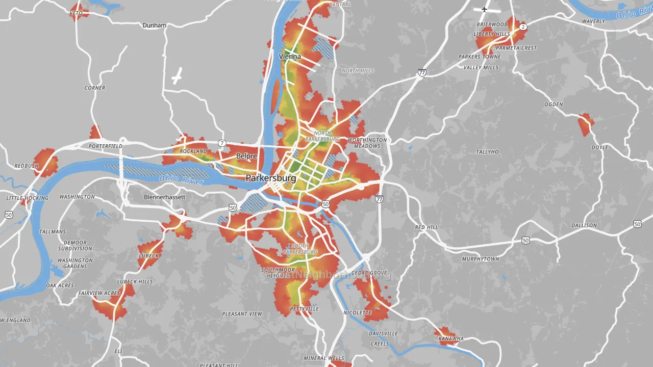 Walk Grade map of Wood County, WV, walkable areas in green and car-dependent areas in red