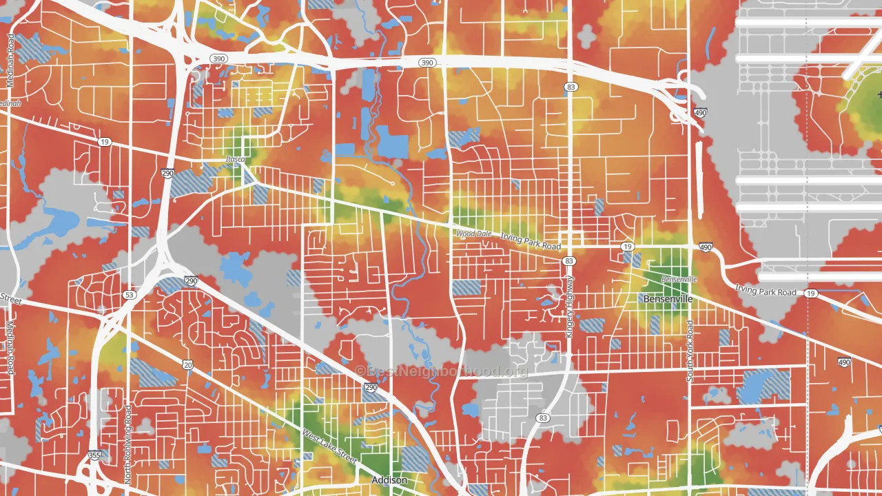 Walk Grade map of Wood Dale, IL, walkable areas in green and car-dependent areas in red