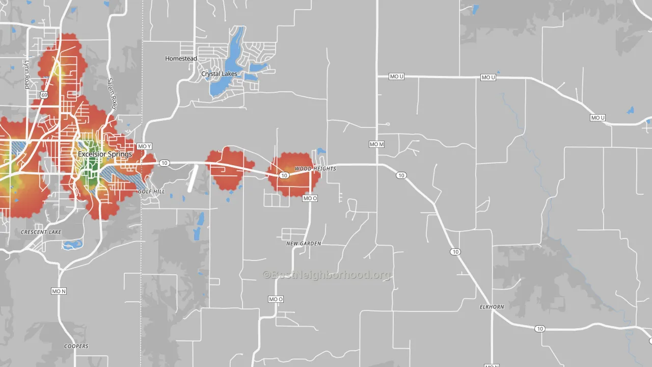 Walk Grade map of Wood Heights, MO, walkable areas in green and car-dependent areas in red